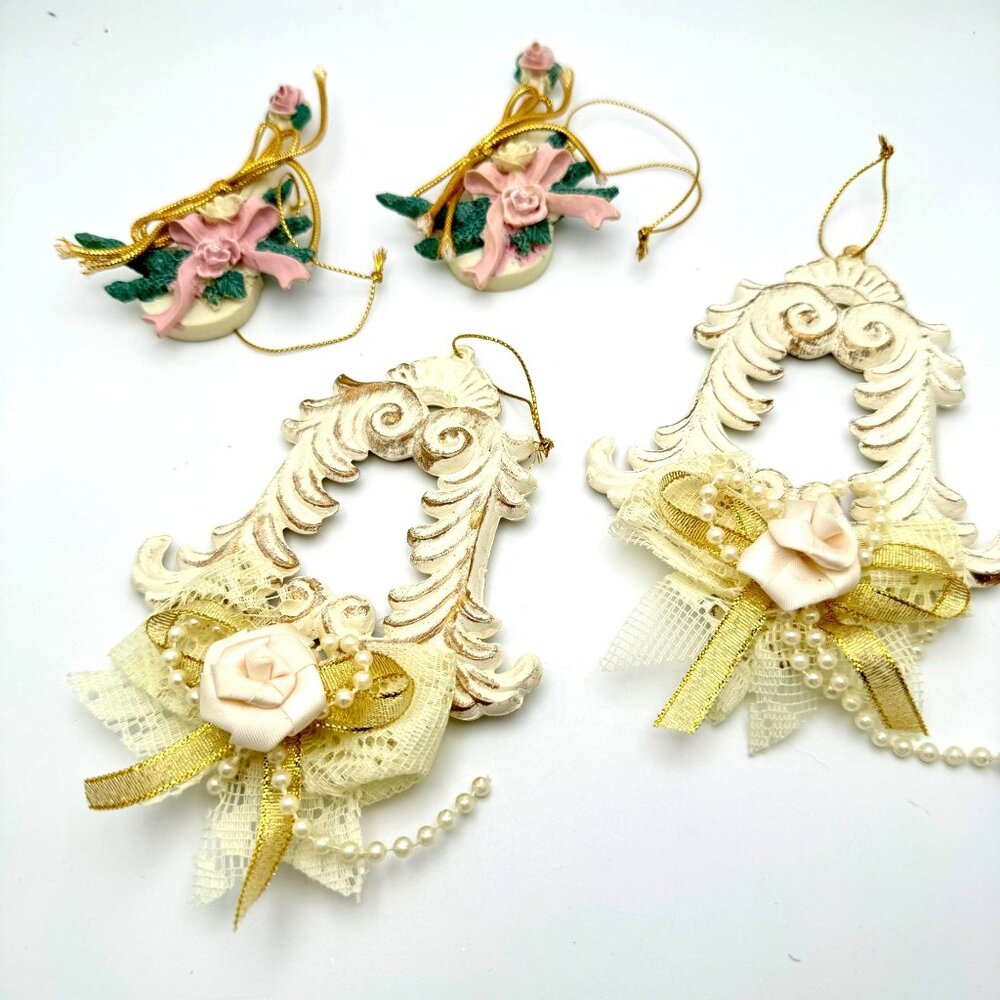 Set Of 4 VintageVictorian Style Resin Ornaments With Floral & Violin Theme